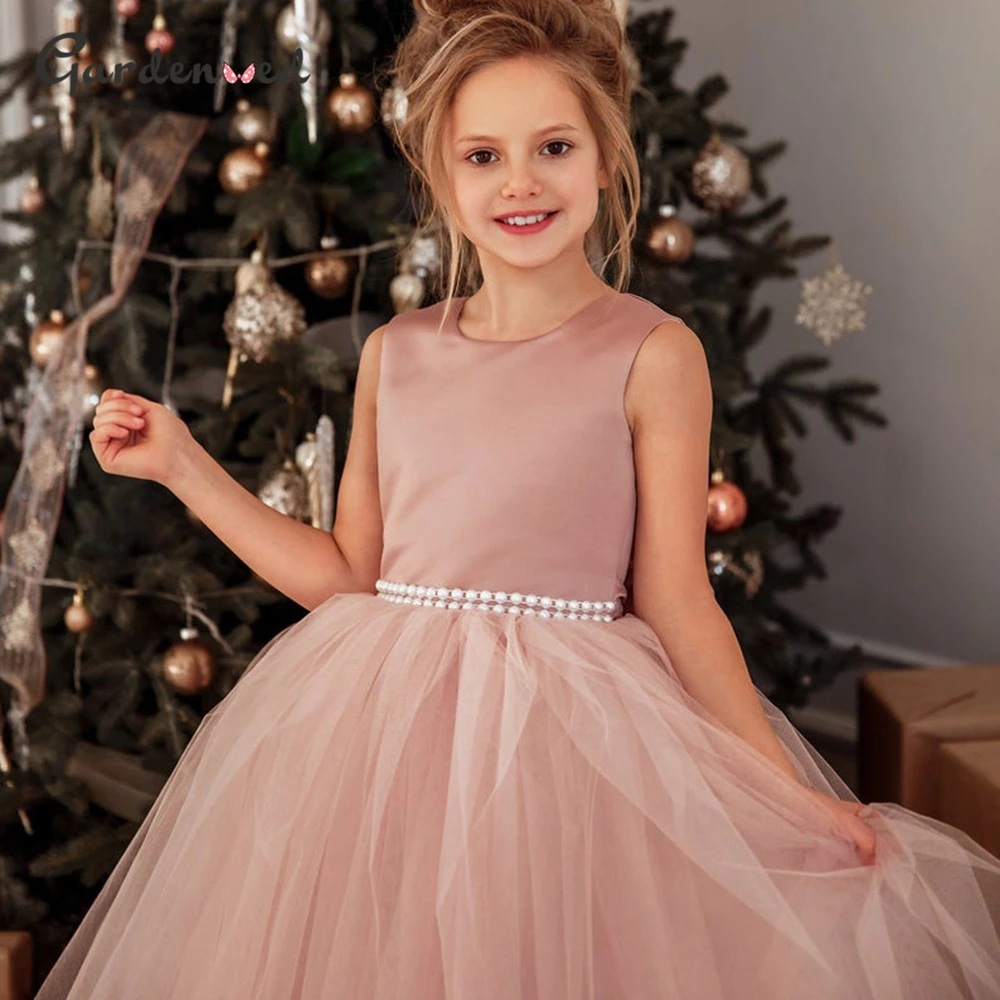 İlk Cemaat Küçük Kızlar Pageant Elbiseleri 2023 Yay Balkown Baby Çocuk Noel Noel Doğum Günü Kokteyl Parti Parti Allık Boho Çiçek Kız Dusty Rose Tutu Tül