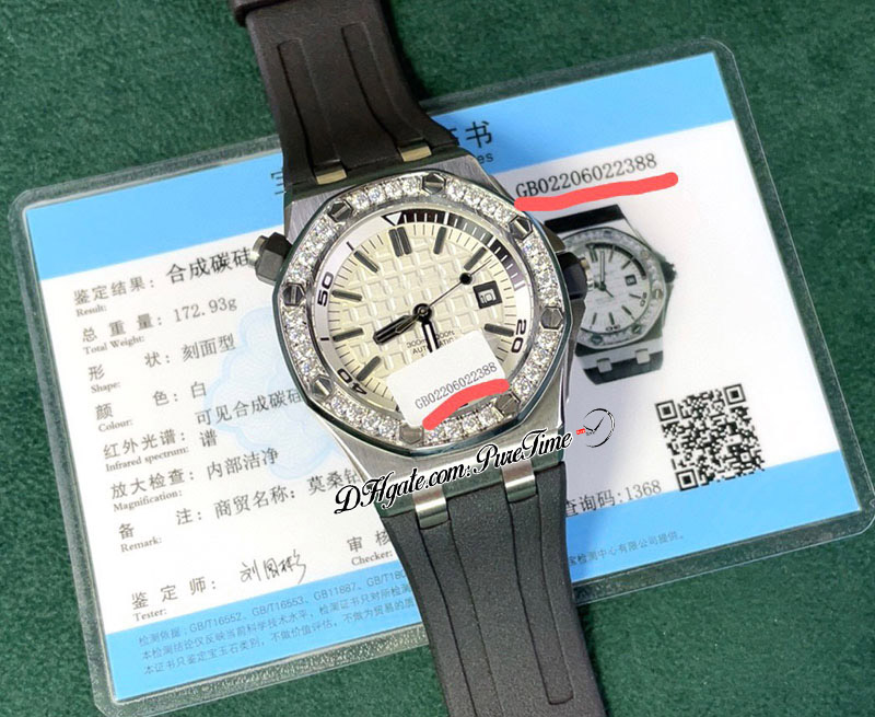 Kundenspezifische Moissanit-Diamantlünette A3120 Automatik-Herrenuhr 42 mm 1571 Weißes strukturiertes Zifferblatt Kautschukarmband Super Edition-Uhren Puretime B2