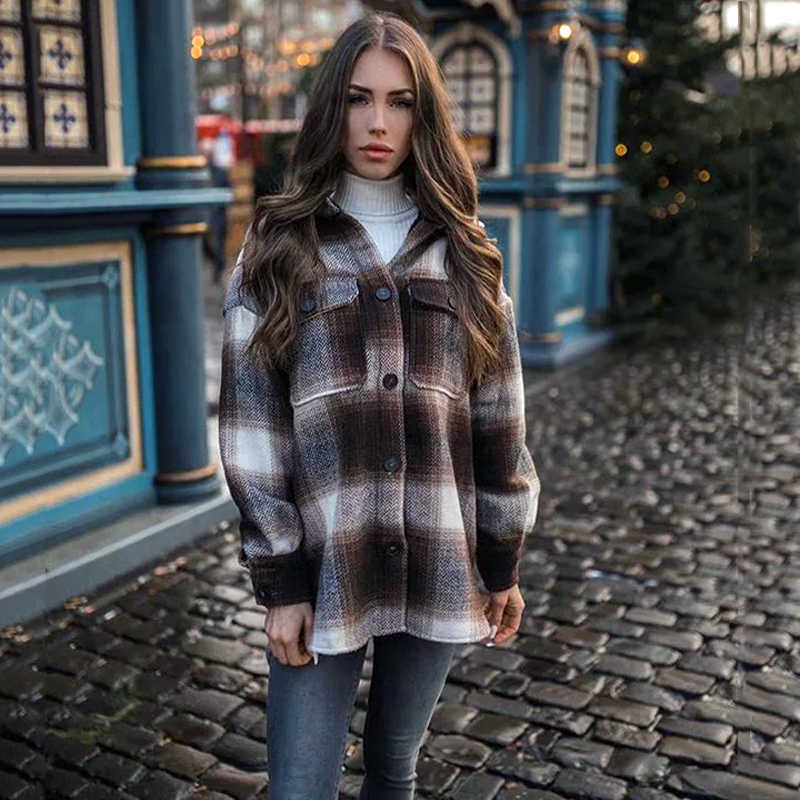 Women's Jackets Autumn Winter Plaid Jackets Wool Blend Coat Fashion Button Thick Vintage Casual Office Warm Overshirt Ladies Outwear Chic Tops T221008