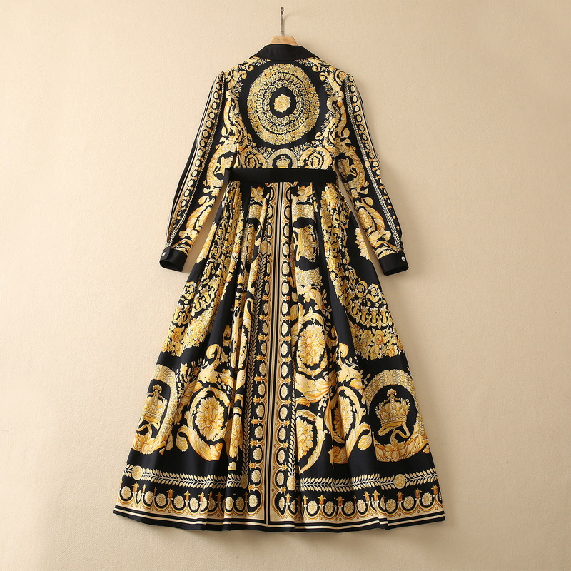 2022 Autumn Lapel Neck Belted Dress Black Gold Paisley Print Long Sleeve Buttons Single-Breasted Casual Dresses S2O080115