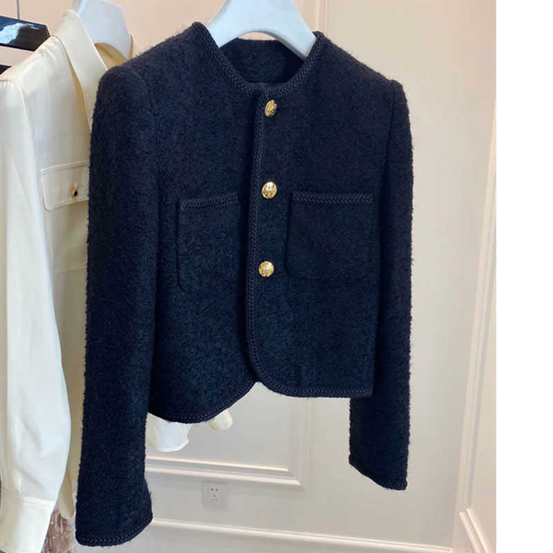 Women's Jackets New High Quality Women Fashion Jackets Black Tweed Two Pockets Golden Buttons Elegant Coats Spring Autumn Women Clothes T221220