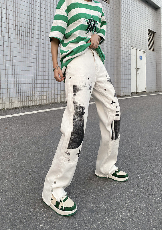 Erkek Kot Portre Portre Graffiti Baskı Denim Pant Pantolon Yüksek Sokak Gevşek Kot Street Giyim Moda Pantolon UNISEX DÜZLEŞİ BEYAZ 221008