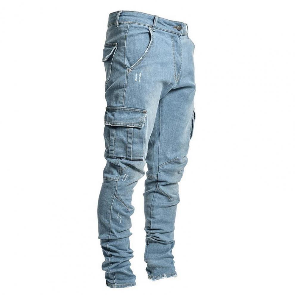 Mens Jeans Summer Men Jeans Solid Color Multi Pockets denim Mid midja stretchiga mager jeans plus storlek Fahsion byxor dagligen bär 221008