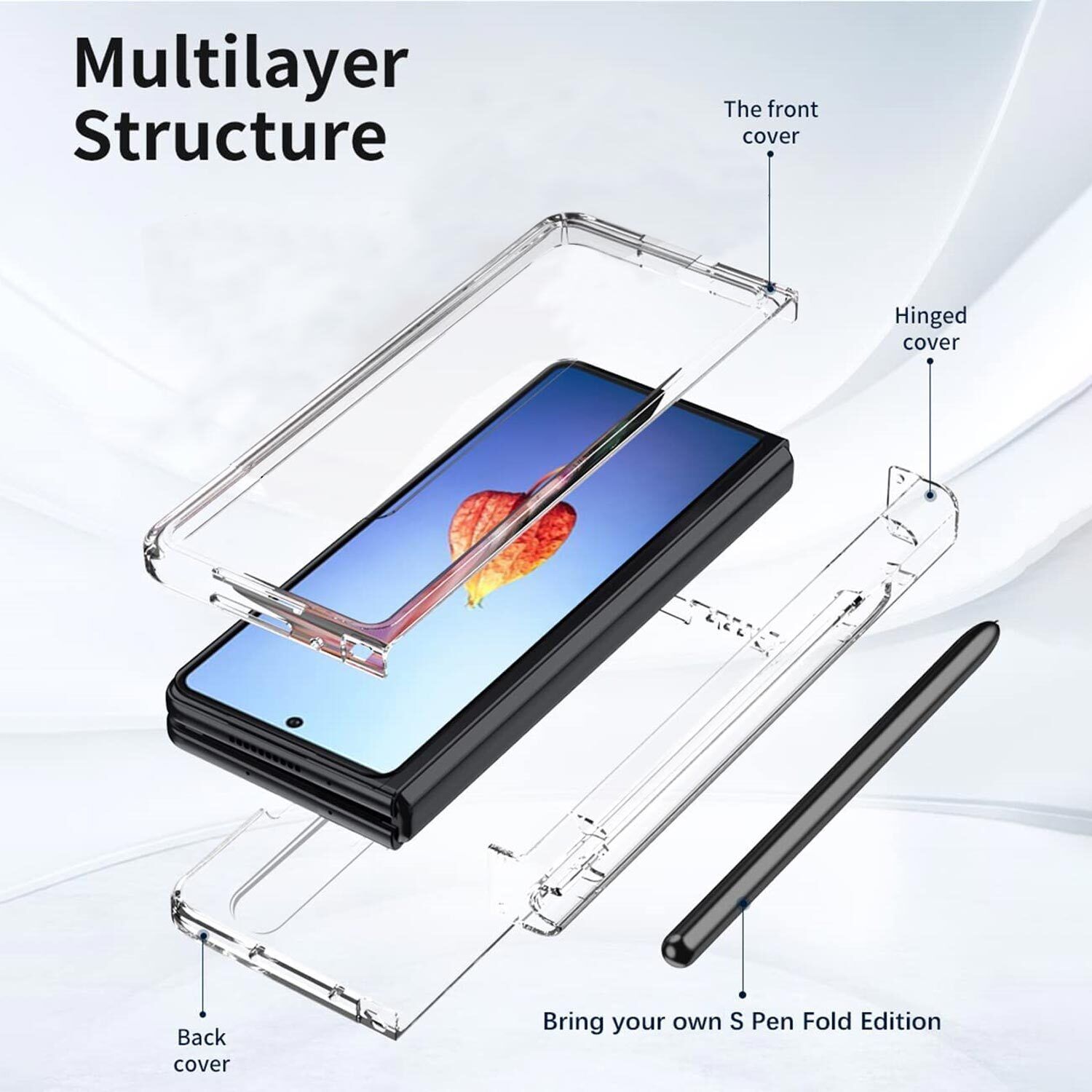 Estuches transparentes con bisagras para Samsung Galaxy Z Fold 4 Fold 3 Fold 2 Estuche Protector de pantalla de película de vidrio Titular de la pluma Cubierta completa