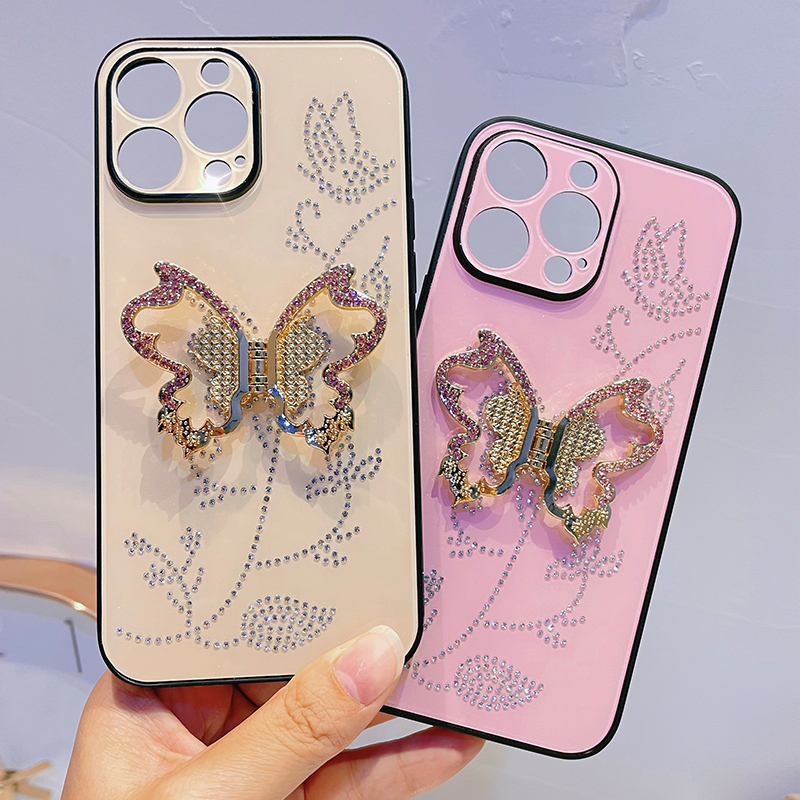 Renkli kelebek elmas kaplı braket cep telefonu kılıfları Tasarımcı Bling iPhone 14 13 12 11 Pro Max Cep Telefonu Kapakları