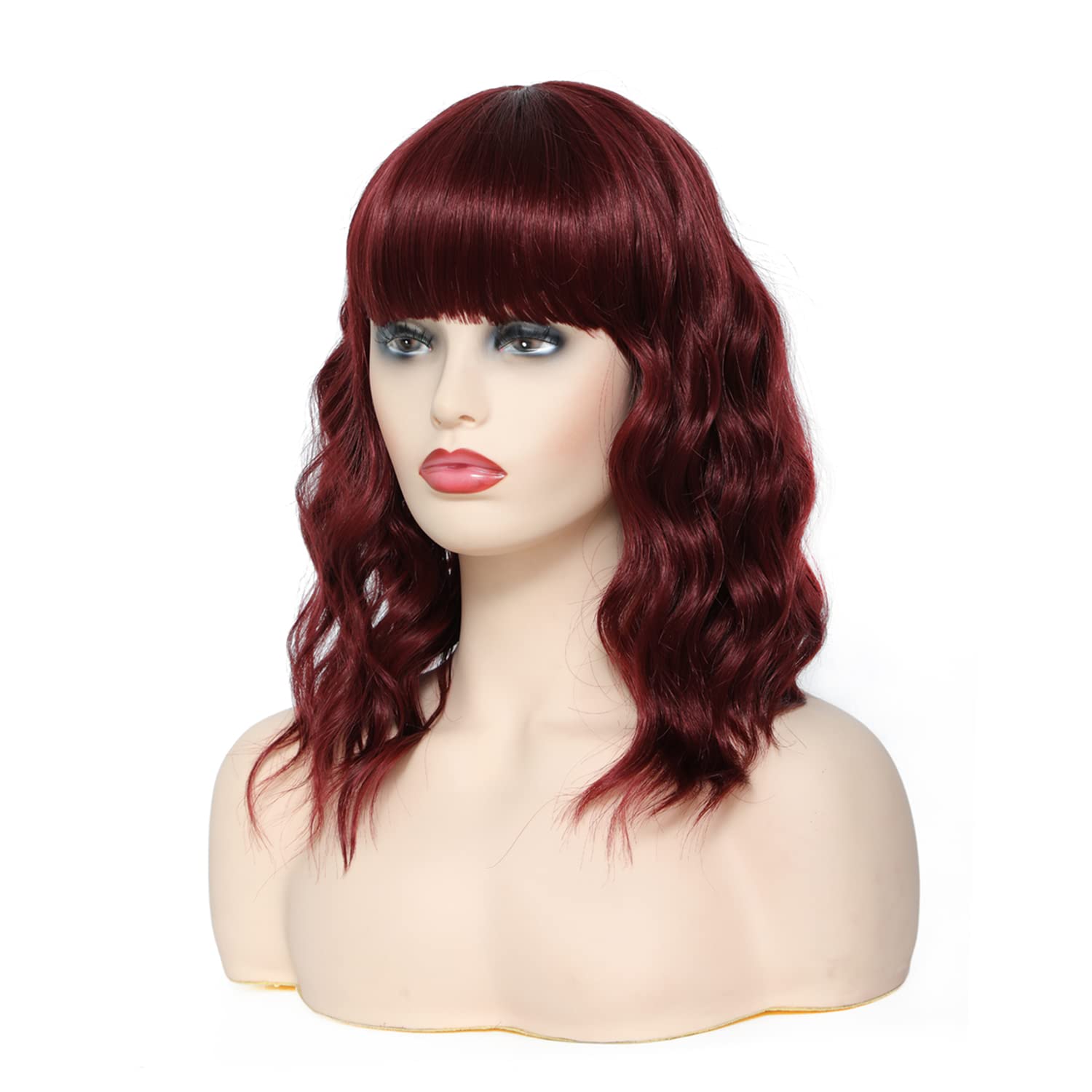 前髪の赤い波状女性ウィッグショートカーリーボブかつらと前髪の14インチ肩の長さのワイン赤い髪の黒人女性のためのかつら