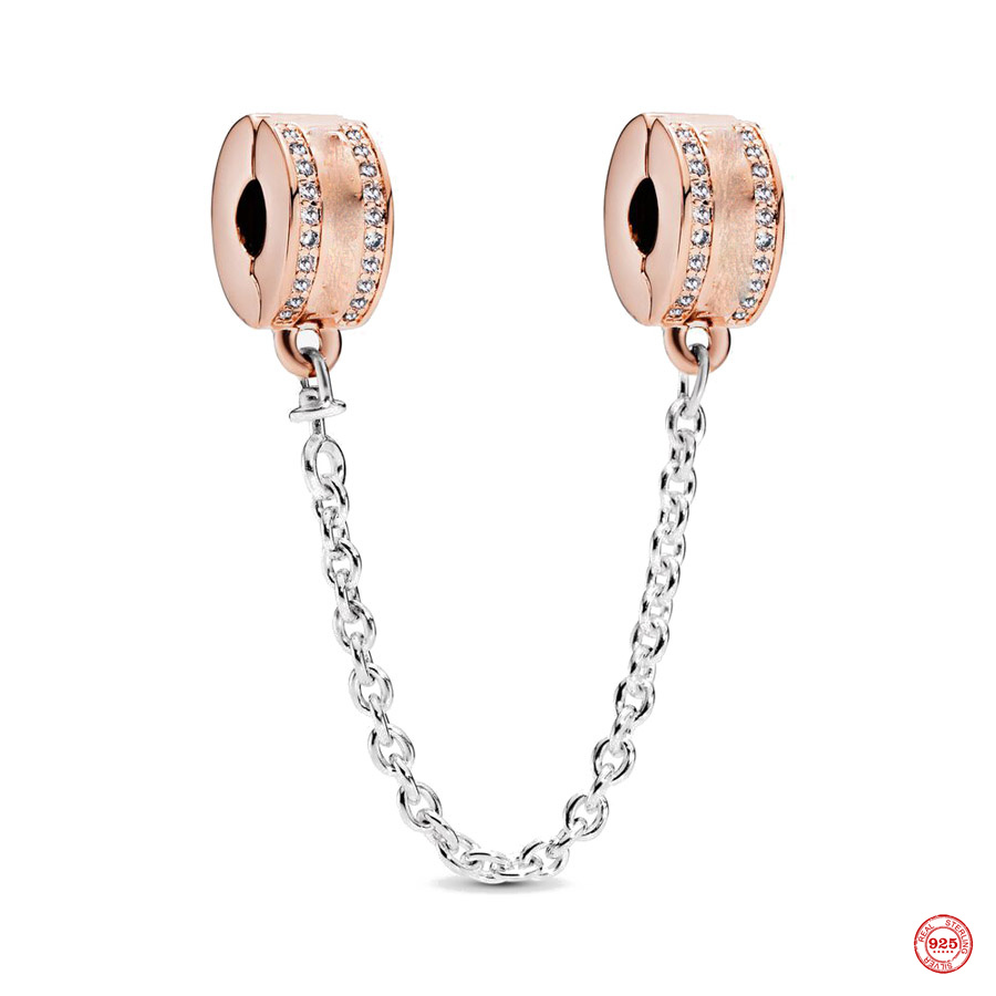 925 Sterling Silver Dangle Charm Women Beads 고품질 보석 선물 도매 새로운 반짝이는 로즈 골드 안전 체인 펜던트 수정 구슬 Pandora 팔찌 DIY