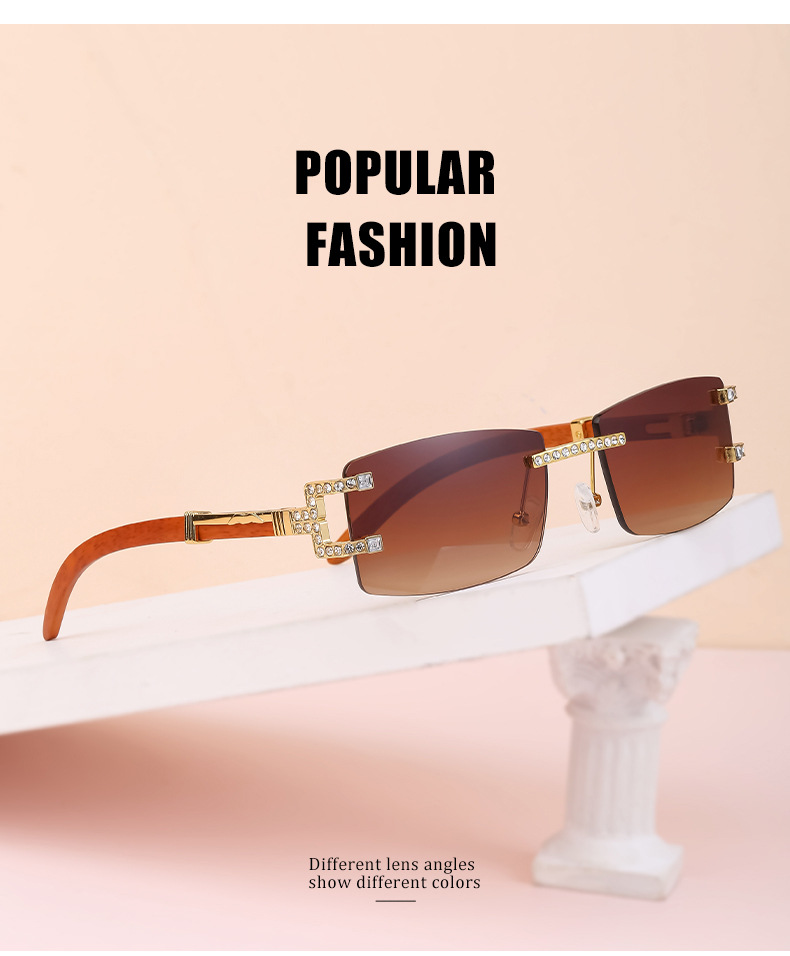 Luxury sunglasses retro imitation wooden leg sunglass for women fashion rimless diamond-encrusted men Designer sunglasses