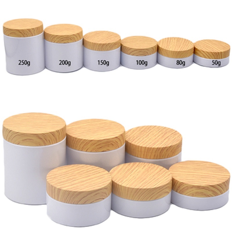 Packing Empty Plastic Bottle Clear Blue and White Plastic Jar False Wood Lid Portable Cosmetic Packaging Refillable Container 50g 80g 100g 120g 150g 200g 250g