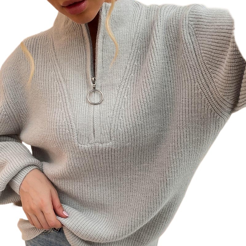 Sweaters Knitted Zippers Sweater Woman Pullovers Stand Collar Lantern Sleeves All-match Jumper Female 2022 Winter Ladies Sweaters Jacket