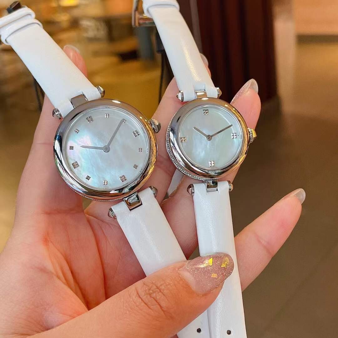 32mm 27mm Classic Sapphire Glass Watches Women CZ Quartz Watch White Leather Strap Lady Geometric Square Wristwatch Female White Mother of Pearl Shell Dial