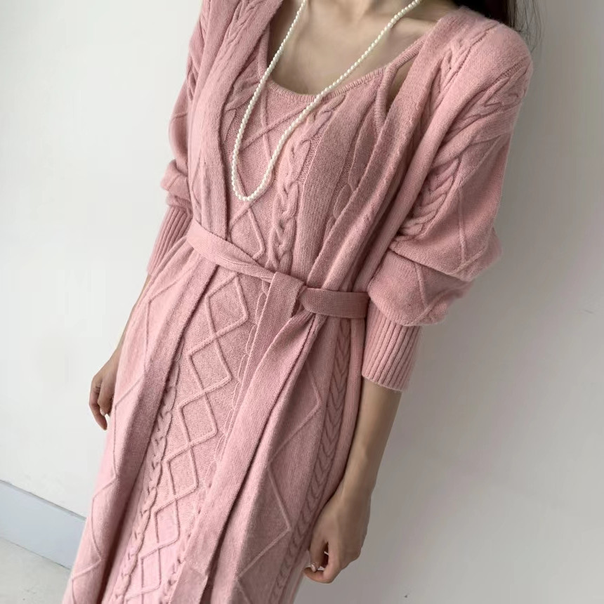 Two Piece Dress Winter Women Set Casual Long Coat Solid Sleeve Sweater Knitted Suits Warm 221010