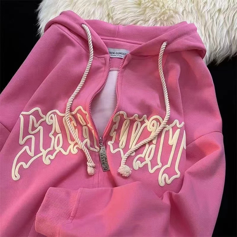 Womens Hoodies Sweatshirts Y2k Vintage Letter Print Hoodie Casual Zip Up Long Sleeve Loose Jackets Coats Harajuku Goth Hooded Streetwear 221010