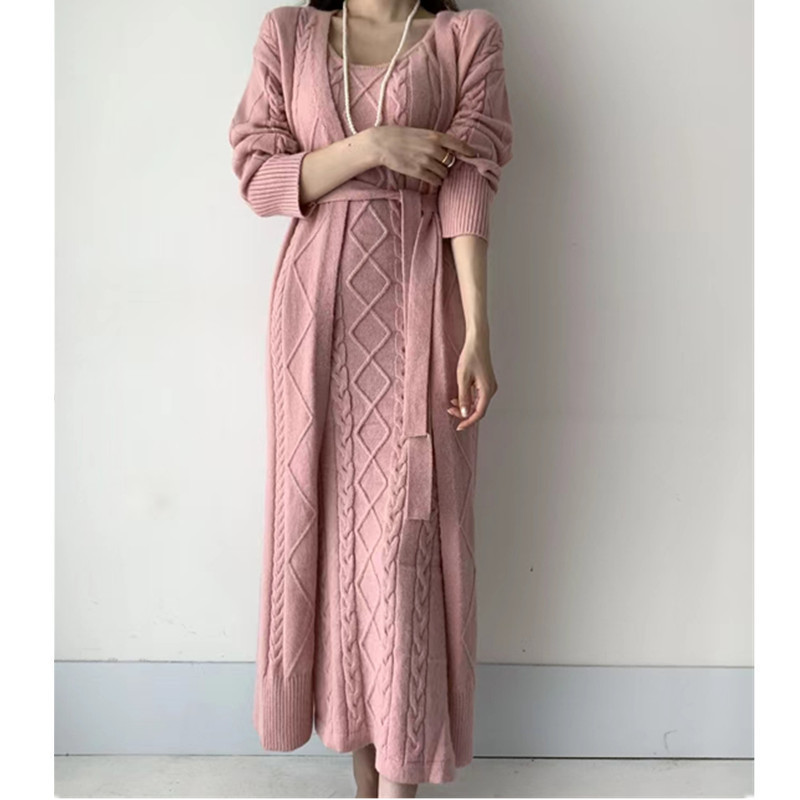 Two Piece Dress Winter Women Set Casual Long Coat Solid Sleeve Sweater Knitted Suits Warm 221010