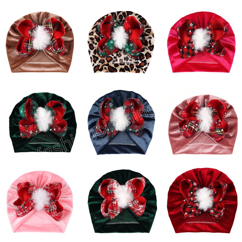 Baby Girls Bow Knot Hat with Snowflakes Kids Soft Turban Velvet Caps Children Leopard Beanies Christmas Headwear Gifts
