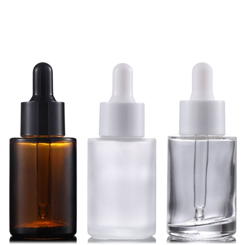 Packaging Bottles 30ml Flat Shoulder Frosted Clear Amber Glass Round Essential Oil Serum Bottle With Glass Dropper for Cosmetics Essence Bottles