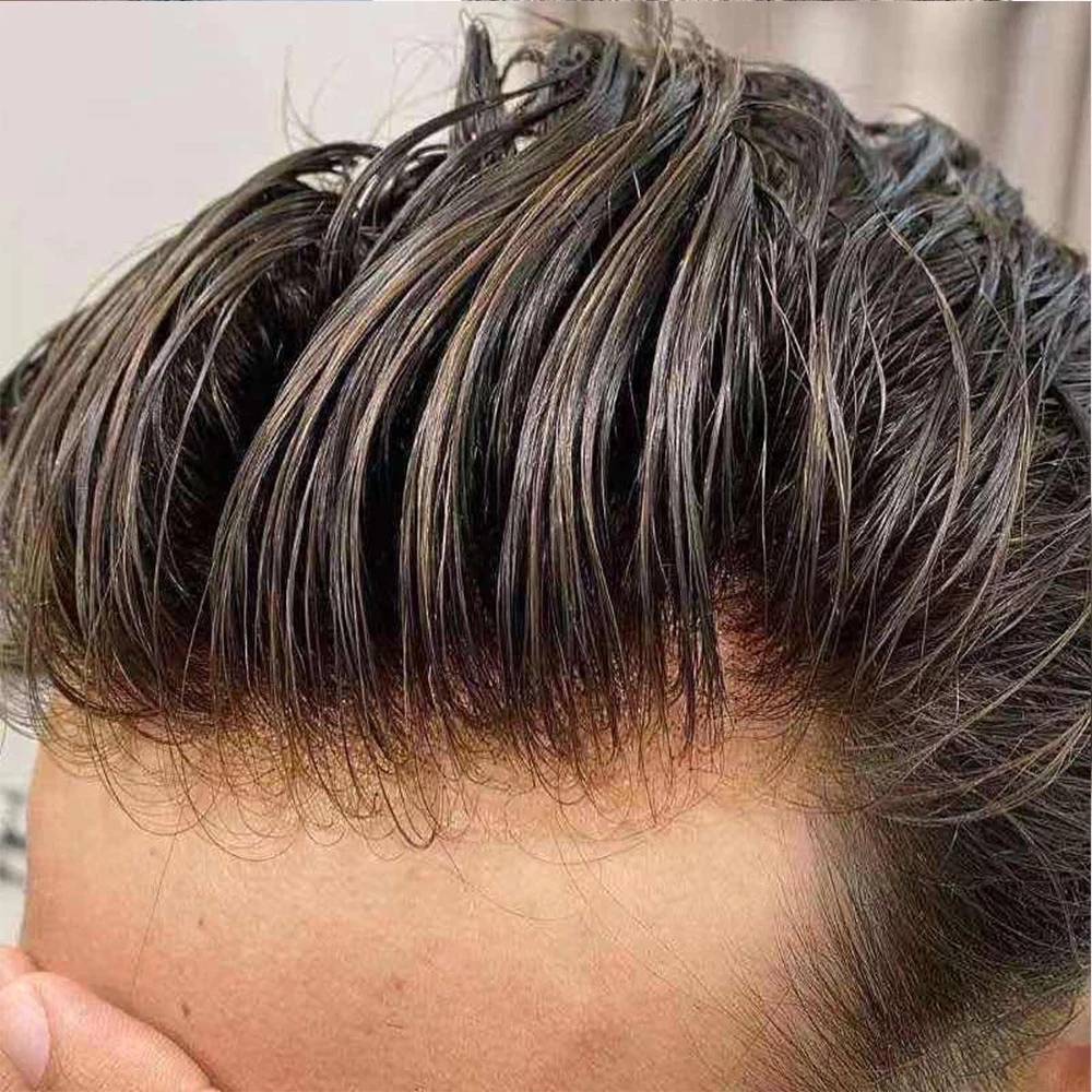 Lace Front 100%Human Homem Homem Toupee Q6 Respirável Pele fina de renda suíça PU base masculina perucas de reposição Prótese capilar