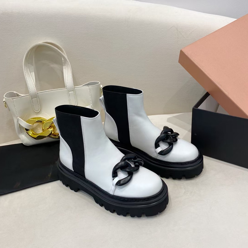 Fashion designer set and ankle boots Motor vehicle ladies black leather iron chain autumn and winter quality casual work thick women's shoes factory