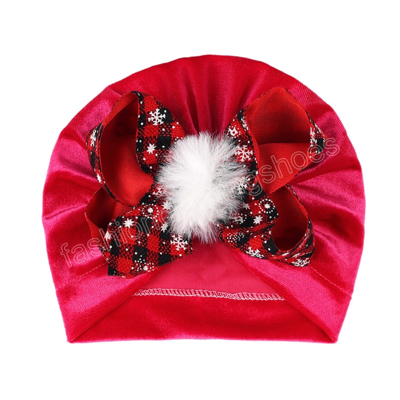 Baby Girls Bow Knot Hat with Snowflakes Kids Soft Turban Velvet Caps Children Leopard Beanies Christmas Headwear Gifts