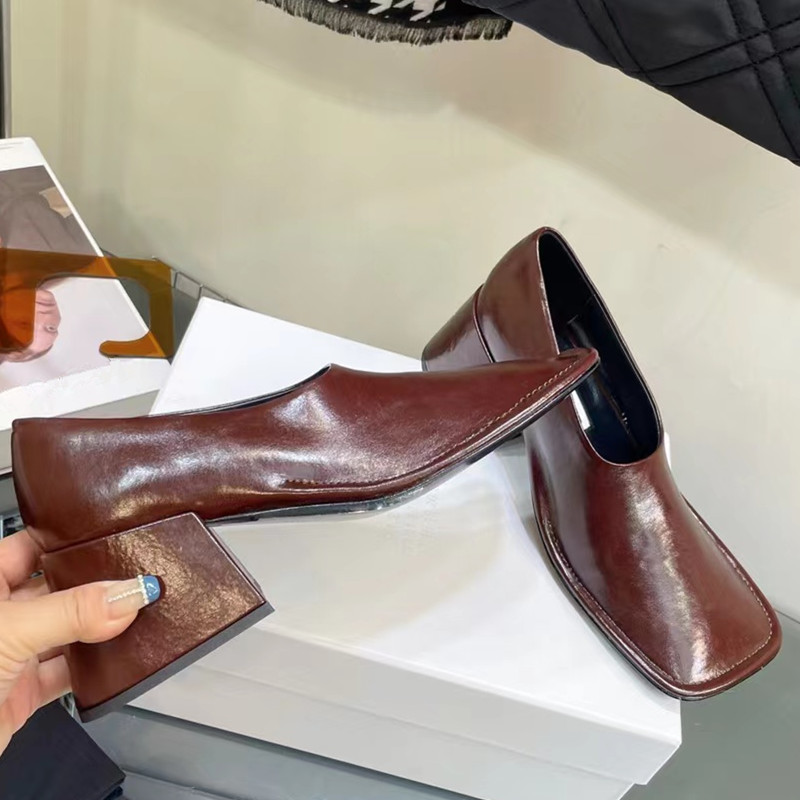 Vierkante teen jurk schoenen vrouwen zwarte wijn rood echte lederen loafers mode comfort square hakken schoen vrouw herfstpompen