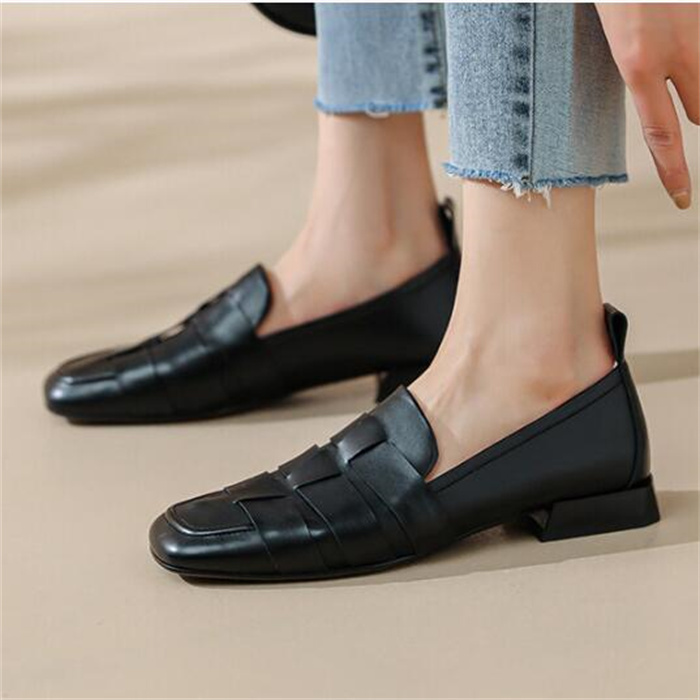 Women Dress Shoes Genuine Leather Woven Thick Heel Shoe Wedding Party Fashion Business Formal Loafers