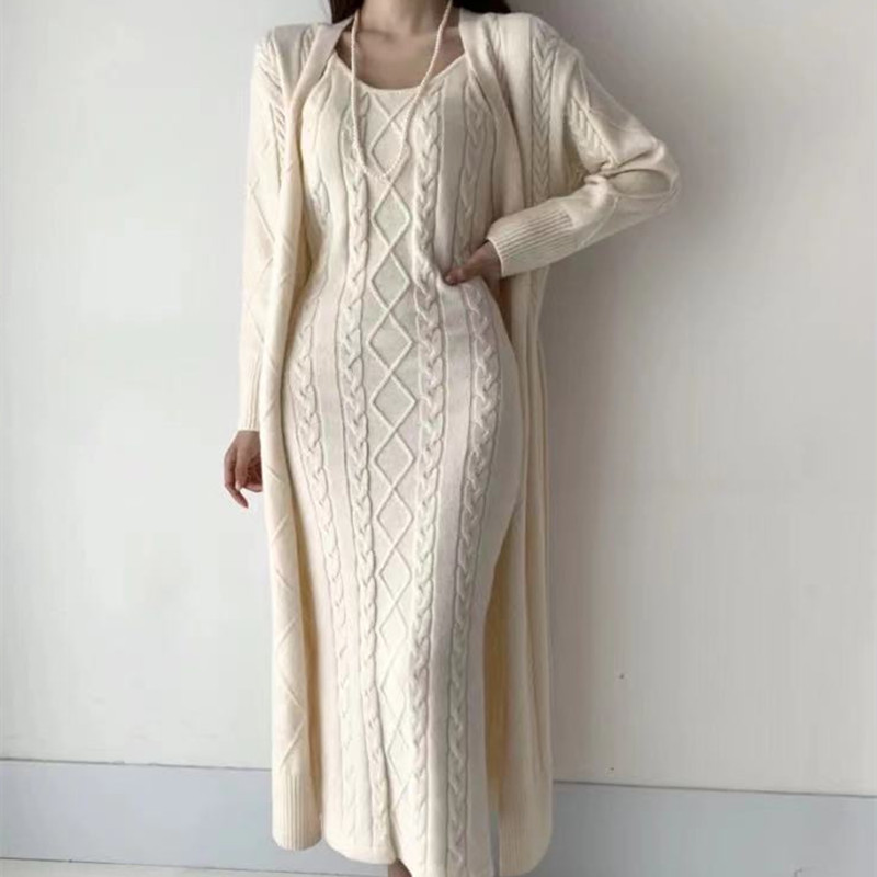 Two Piece Dress Winter Women Set Casual Long Coat Solid Sleeve Sweater Knitted Suits Warm 221010