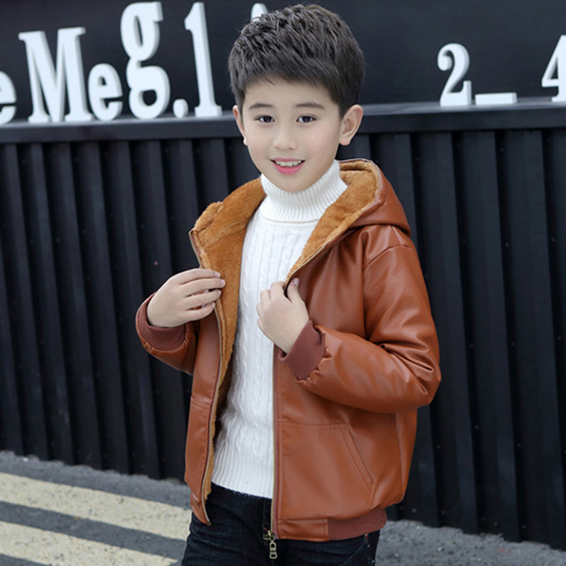 Jackets 6 9 10 11 12 Years Children Boys Girl Hooded Fur Zipper Biker Leather Jacket Winter Warm Fleece Coat Teenager Outerwear 221010