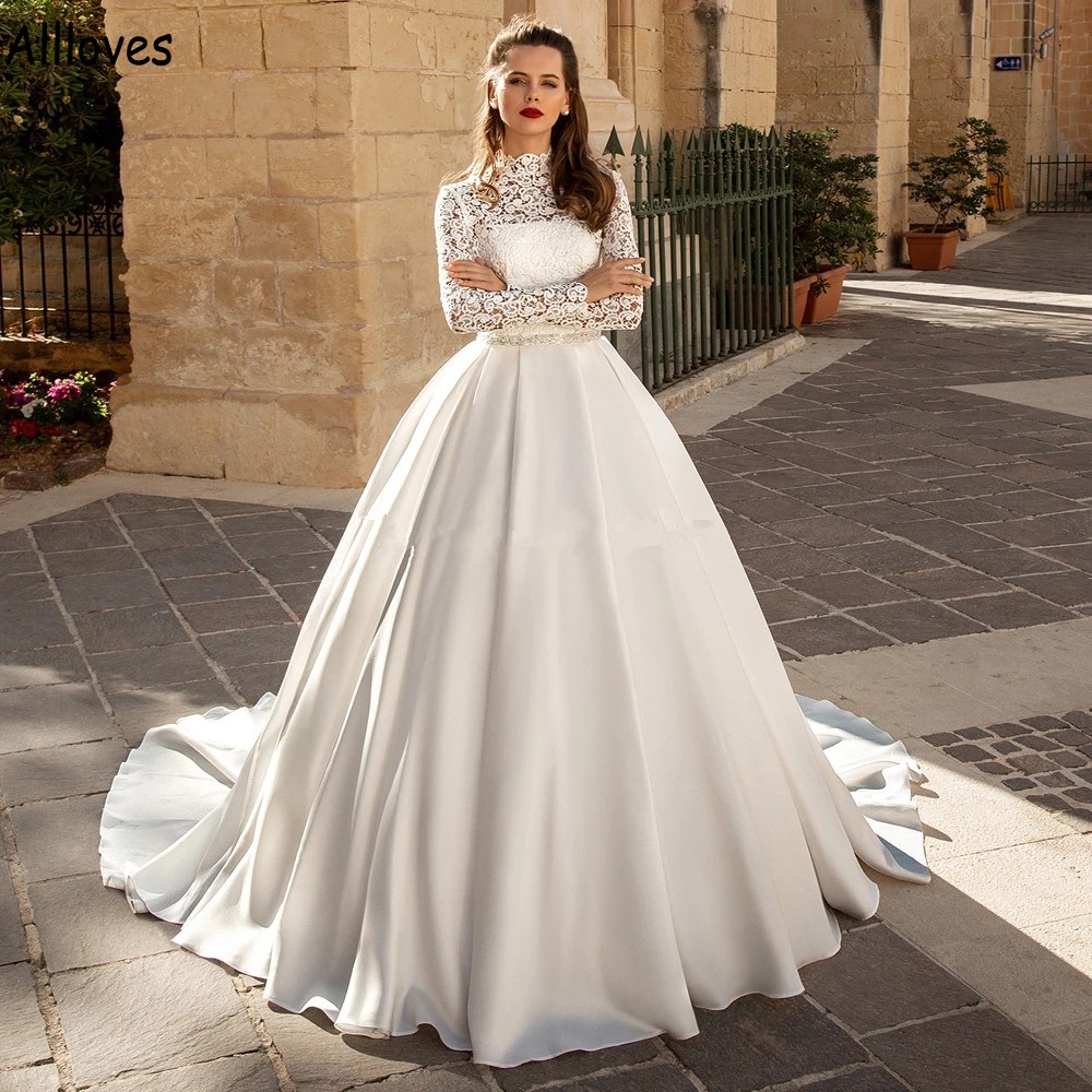 Modern saten balo elbisesi uzun kollu yüksek yakalı dantel arap müslüman prenses gelinlik artı boyutu uzun tren vestidos de novia moda cl1246