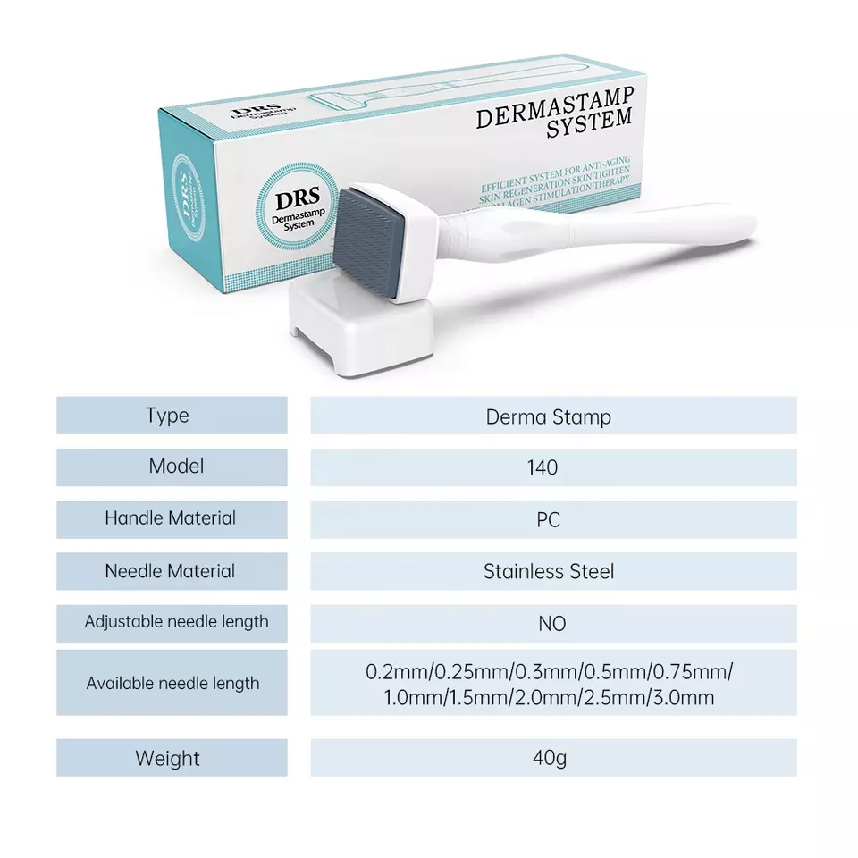 DRS DRS 140 DERMA STAMM MICRONEEDLE الأسطوانة 0.5-3.0 مم طول الإبرة من الفولاذ المقاوم للصدأ PC PC HALDED DERMASTAMP Microneedleing