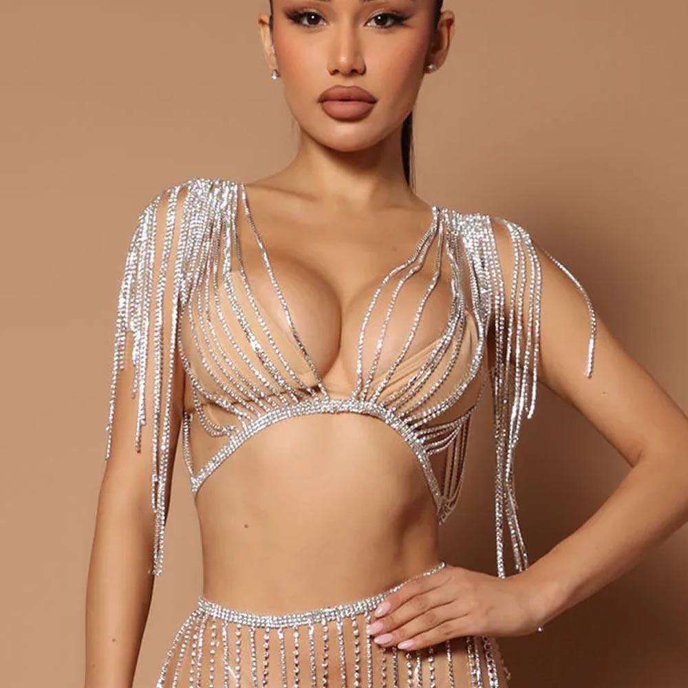 Other Luxury Tassel Crystal Chest Jewelry Bikini Top Half Sleeve Chest Ornament Body Chain Bra Lingerie Women Banquet Party 221008