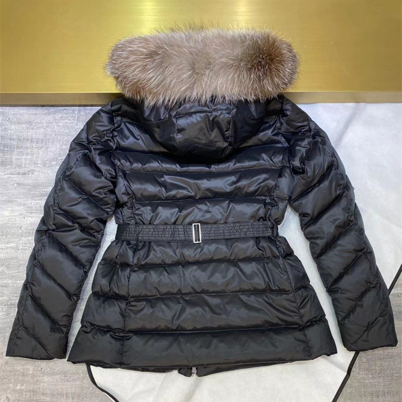 Womens Winter Down Coat Puffer Jacket Short Natural Big Fox Fur Collar Thick Outerwear Metal Belt Classic Fashion Solid Casual Parka Black Size S-XL Clothing