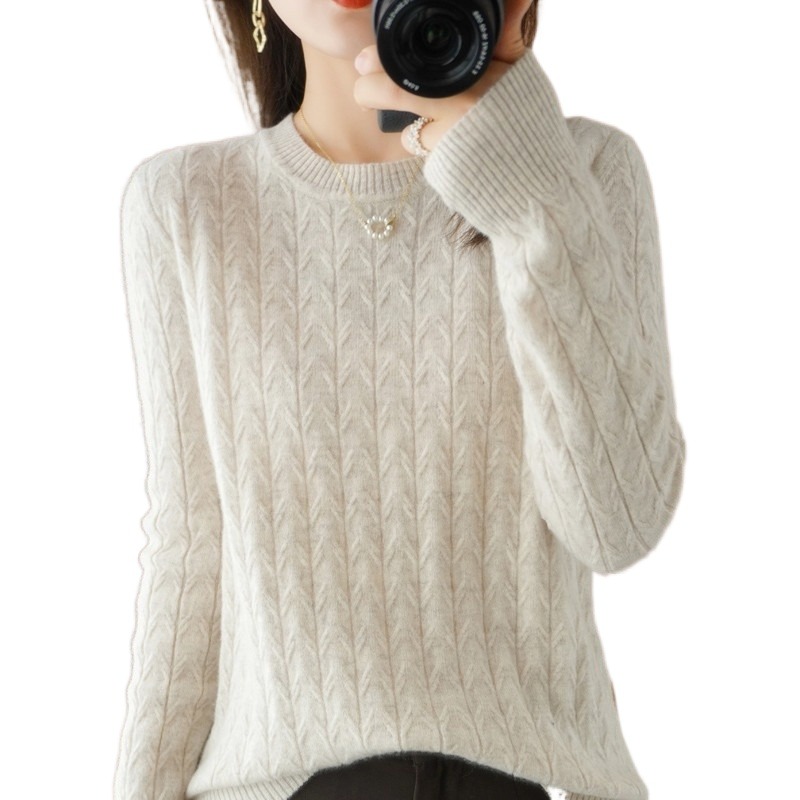 Camisolas femininas 100% suéter de lã Autumn redondado de outono Slim Fit Fit