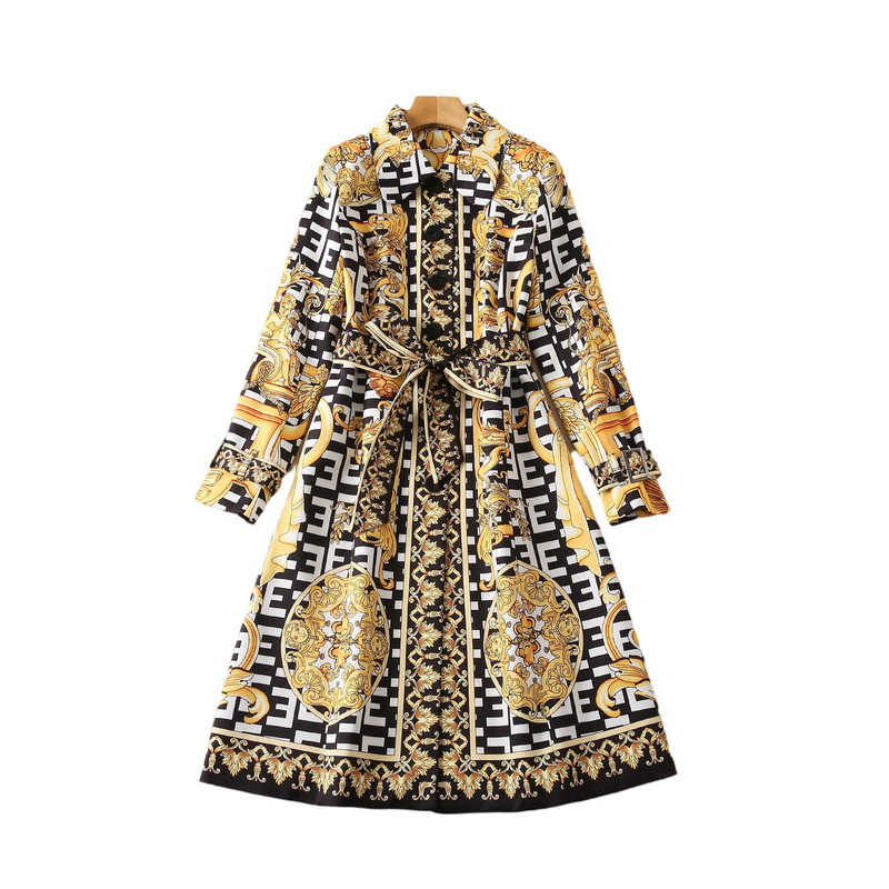 2022 Autumn Notched-Lapel Paisley Print Belted Trench Coat Black / Ivory Long Sleeve Buttons Single-Breasted Long Outwear Coats S2O08CT XXL