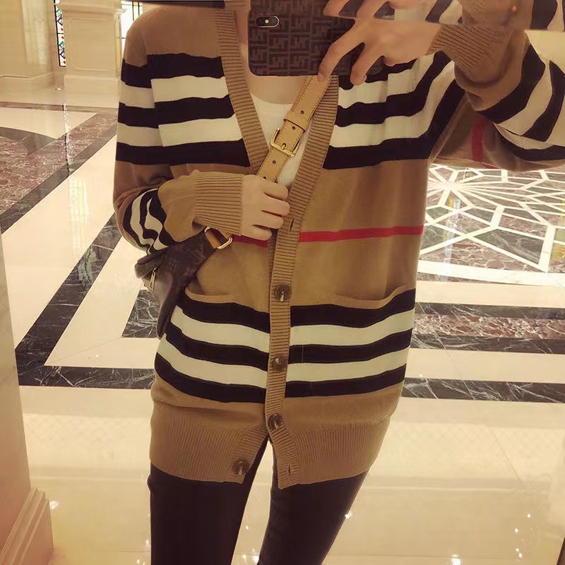 E56 Women's sweater women jacket cashmere cardigan mid-length knitted V-neck loose striped sweater thin ladies trench coat