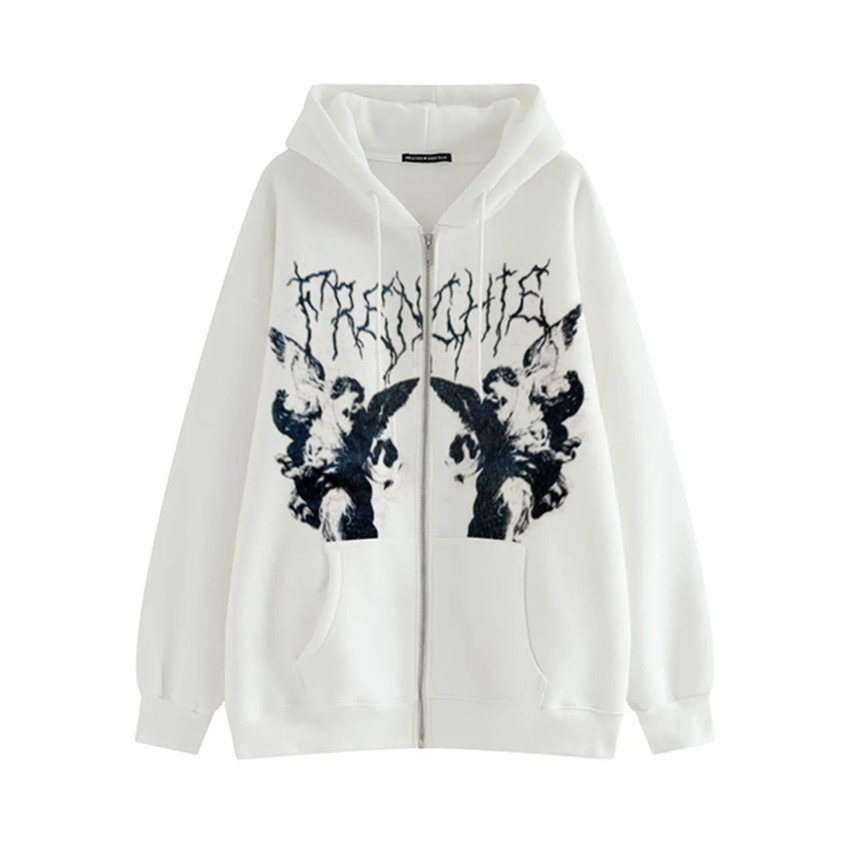 Kvinnors hoodies tröjor kvinnor vintage ängel tryck huvjacka män zip upp långärmad fickficka hösten vinter streetwear coat y2k estetiska lösa hoodies 221010