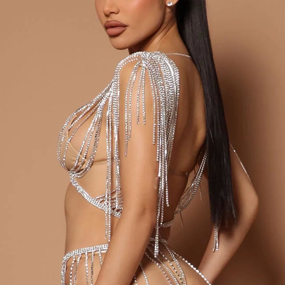 Other Luxury Tassel Crystal Chest Jewelry Bikini Top Half Sleeve Chest Ornament Body Chain Bra Lingerie Women Banquet Party 221008