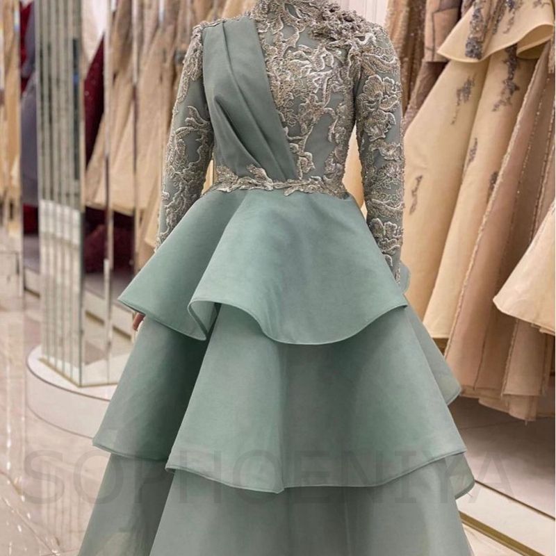 2023 abiti da sera convenzionali verde salvia musulmano con collo alto manica lunga organza pizzo perline abiti da festa di promenade robe de soiree de mariage