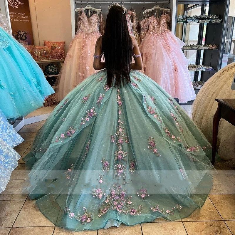 Princess 3D Flowers Quinceanera Dresses 2023 Off Shoulder Appliques Beads Lace-up Mexi Sweet 16 Dress Vestidos De 15 Anos