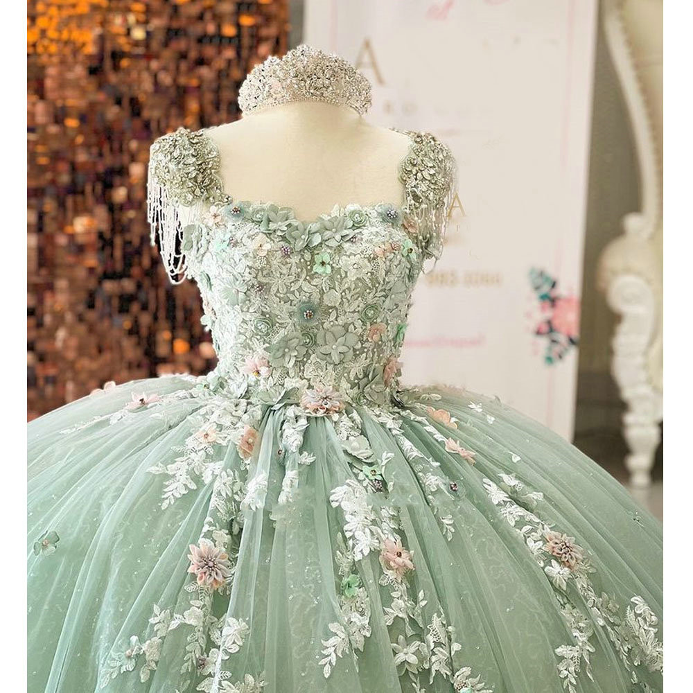 Mint Green Beading Tassel Quinceanera Dress princesse Off The Shoulder 3D Flowers Appliques lace-up Corset prom Sweet 15 Vestidos De XV Anos