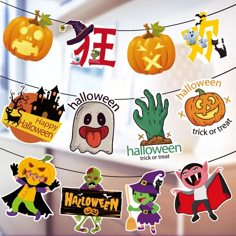 Halloween Banner pendurado Garland bandeira bandeira Bat Pumpkin Ghosts Spider Paper Banner Halloween Party Decora￧￵es de terror adere￧os de terror