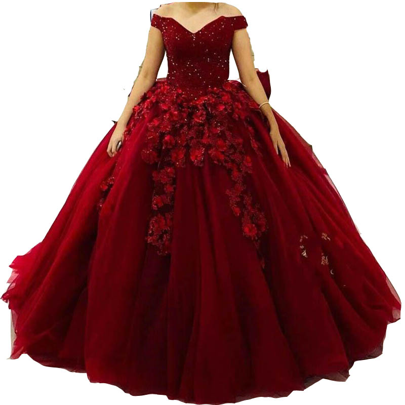2022 Dark Red Quinceanera Dresses Bourgogne Ball Gown Off Shoulder 3D Floral Flowers Lace Applicques Crystal Beads Bow Sweet 16 Vestido de 15 Anos Quinceanera