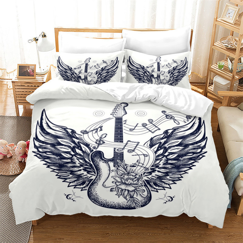 Bedding sets Guitar Queen Duvet Cover Rock Music Theme Bedding Set Grunge Color Splashed Brick Wall Background Electronic Guitar Mics Design 221010