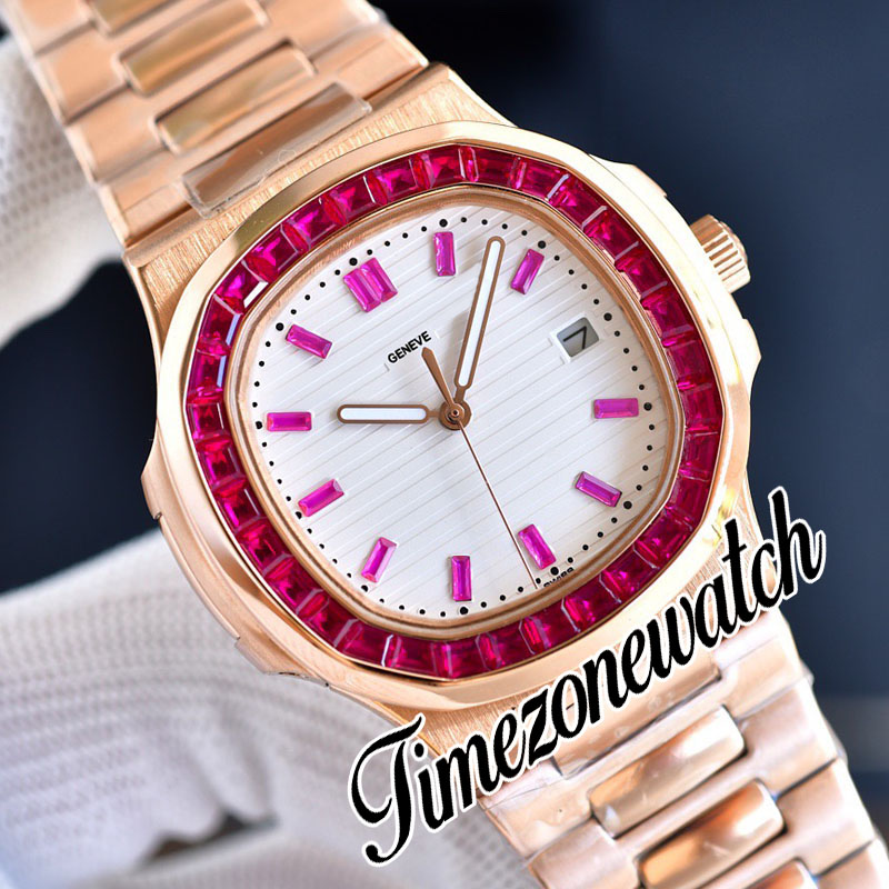 40mm 5711 Orologio automatico da uomo con texture bianca Quadrante con diamanti 5711/1300A Rettangolo con gemme blu Lunetta Bracciale in acciaio in oro rosa Orologi sportivi Timezonewatch E234D5