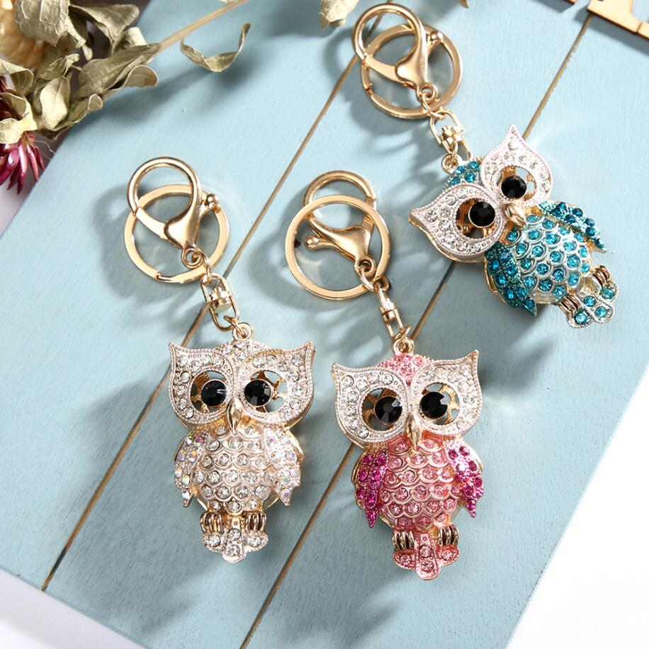 Söt strass 3D Owl Series Alloy Keychains Female Bag Ornament Car Key Chain Decoration Gifts