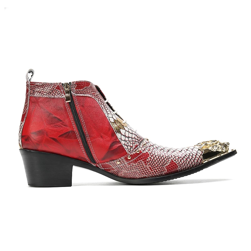 Nuevo diseño de zapatos de hombre, botines de cuero rojo con punta de hierro dorado para hombre, botas de moda de piel de serpiente para fiesta/boda para hombre