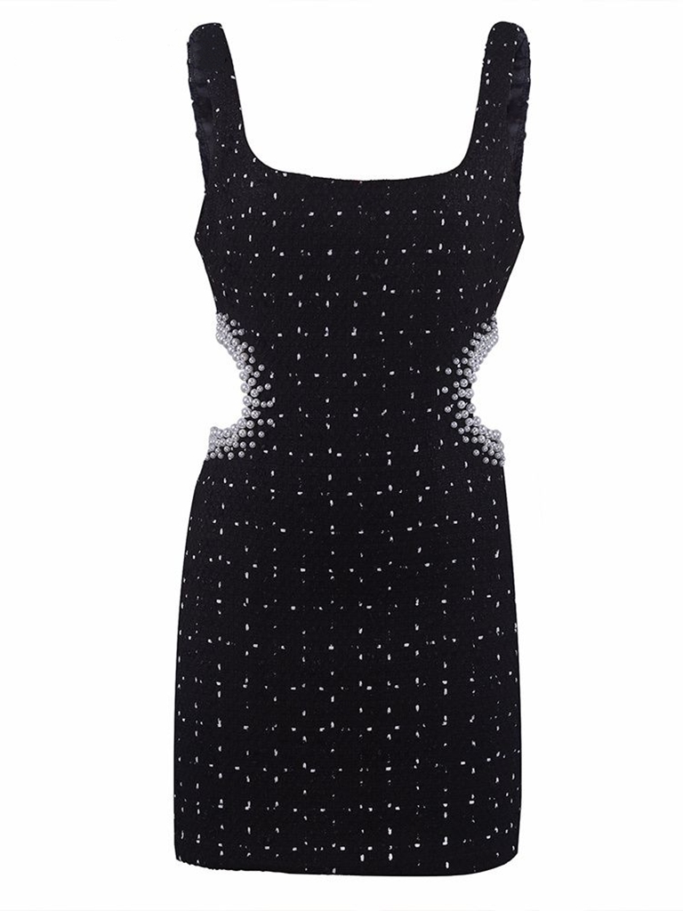 Casual Dresses Jacuqeline 2022 A Line Mini Evening Party Dress Women Sexy Black Hollow Out Tweed Pearl Sleeveless Fashion Elegant2594