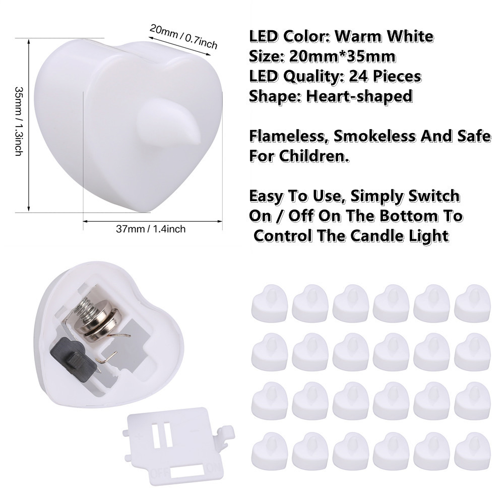 Kerzen 24 Stück flammenlose LED-Kerze für Zuhause, Weihnachtsfeier, Hochzeitsdekoration, herzförmige elektronische Batterie, Teelichter 221010