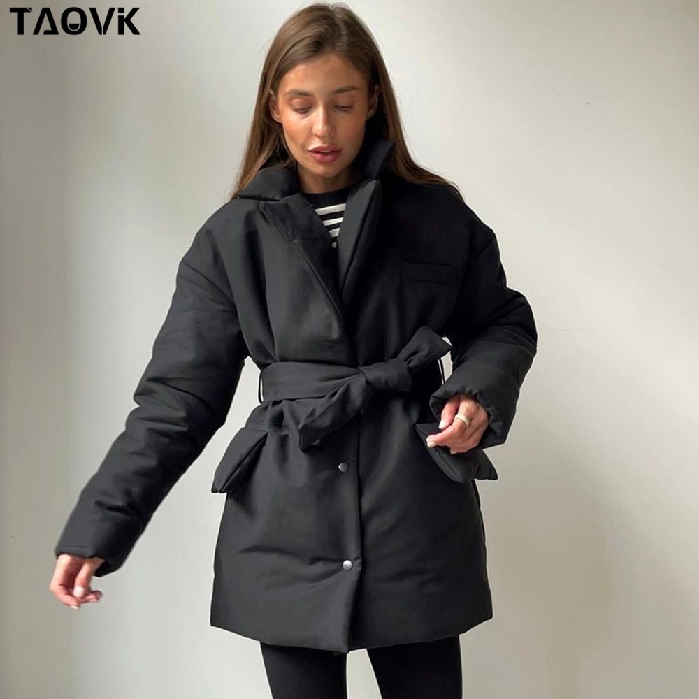 Womens Down Parkas TAOVK Short Winter Parkas Women Warm Down Cotton Jacket Female Casual Loose Outwear A Belt Cottonpadded Coat 221010