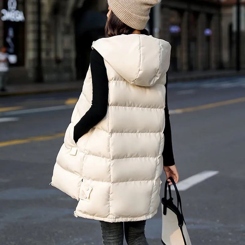 Femmes Gilets Femmes Gilet Veste Vers Le Bas Coton Gilet Automne Hiver Veste À Capuche Long Manteau Sans Manches Lâche Femme Gilet Neige Porter 221010