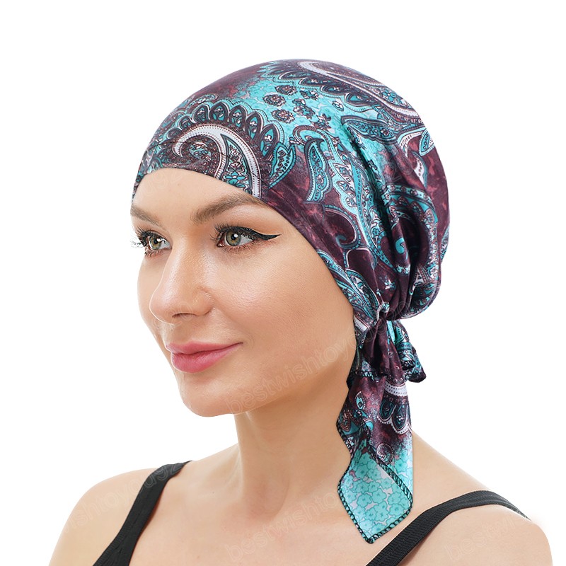 Pre-tied Women Turban Satin Paisley Pattern Muslim Headband Soft Flexib Hair Scarf Chemo Cap Leadies Head Wrap Bandana